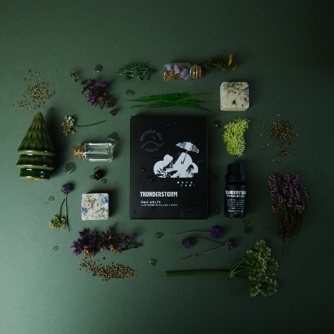 Collection of natural products and flowers on a green background with 'Thunderstorm' branding.