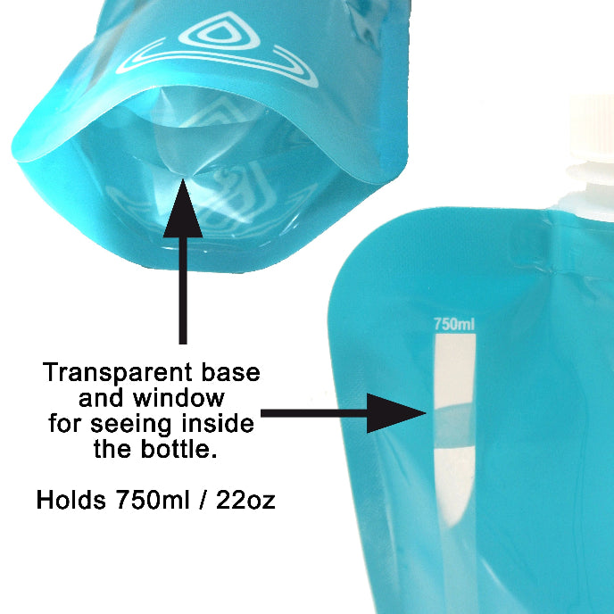Blue water bottle with transparent base and window, labeled capacity 750ml/22oz.