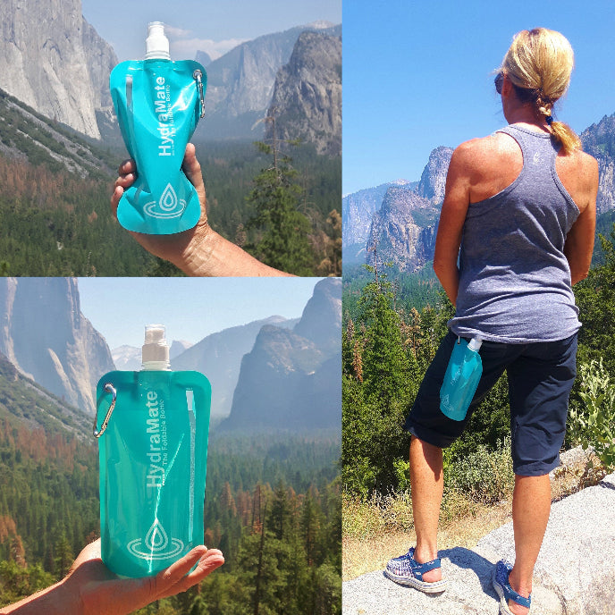 Collage of a person holding a teal HydratMate water bottle with mountainous landscape in the background.