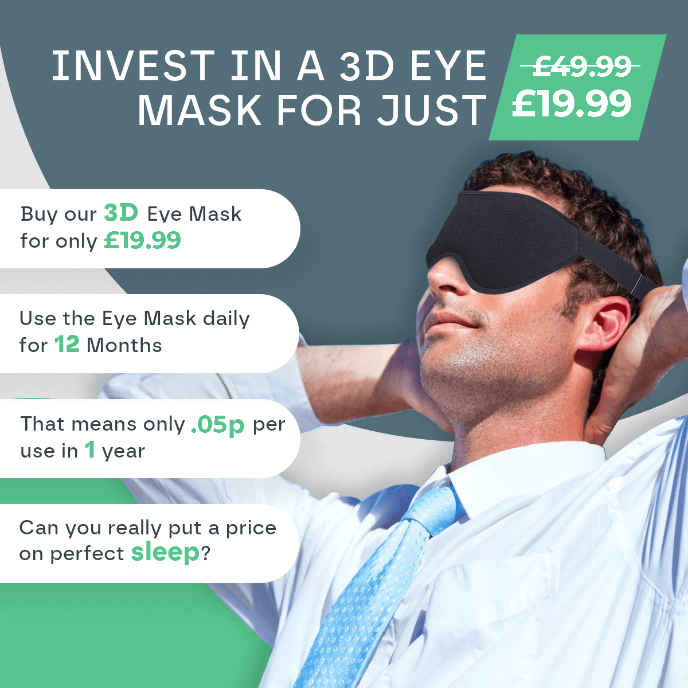 Man wearing a 3D eye mask with promotional text about its price and benefits.