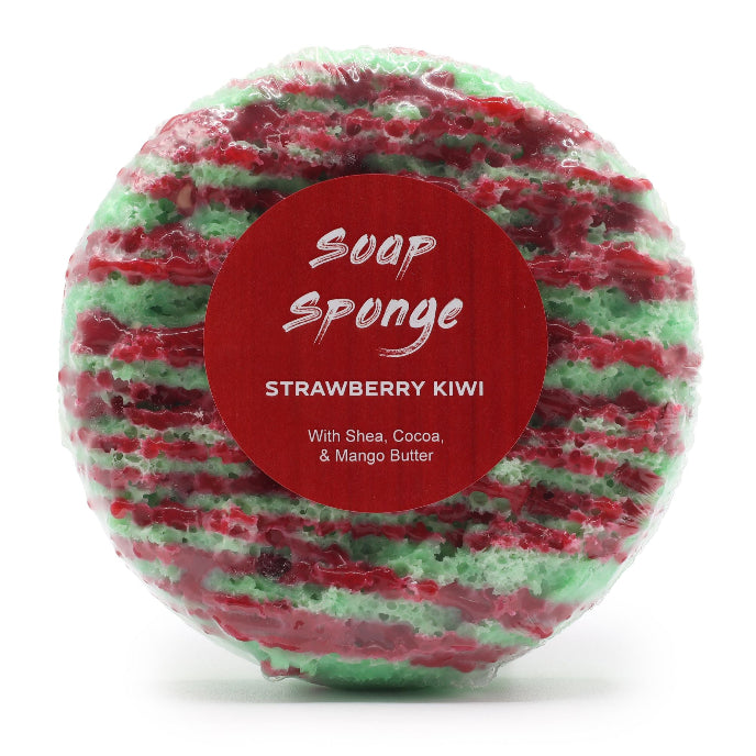 Strawberry kiwi soap sponge with a red label on a white background
