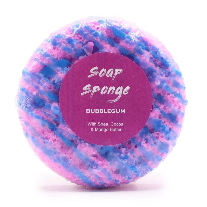 Pink and blue speckled soap sponge with a purple label on a white background