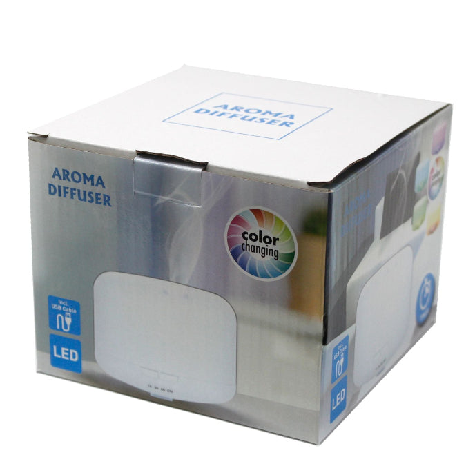 Box packaging of an aroma diffuser with color-changing feature on a white background