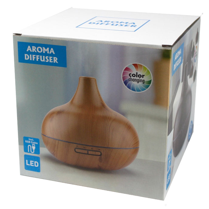 Aroma diffuser packaging with wooden design and color-changing feature.
