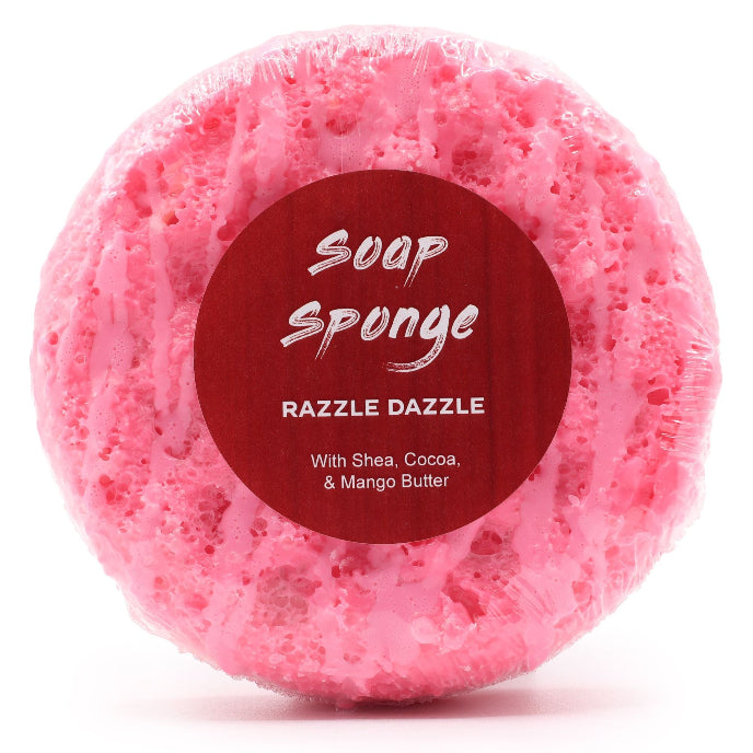 Pink soap sponge with a red label on a white background