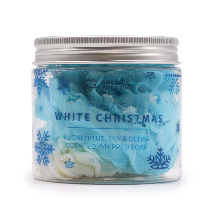 Jar of 'White Christmas' scented whipped soap with blue and white design on a white background