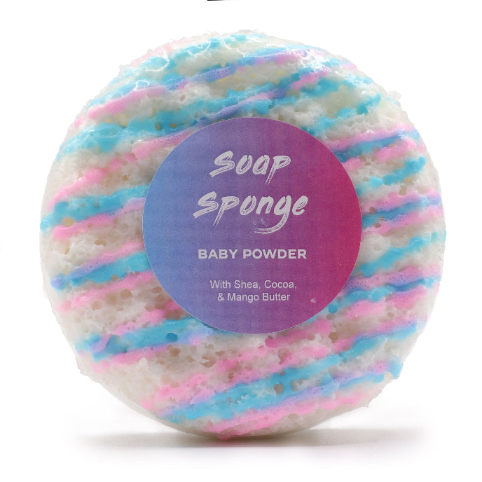 Colorful soap sponge with a purple label on a white background