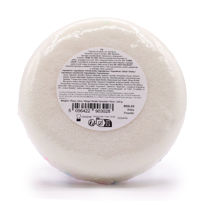 Round container of baby powder with a label on a white background
