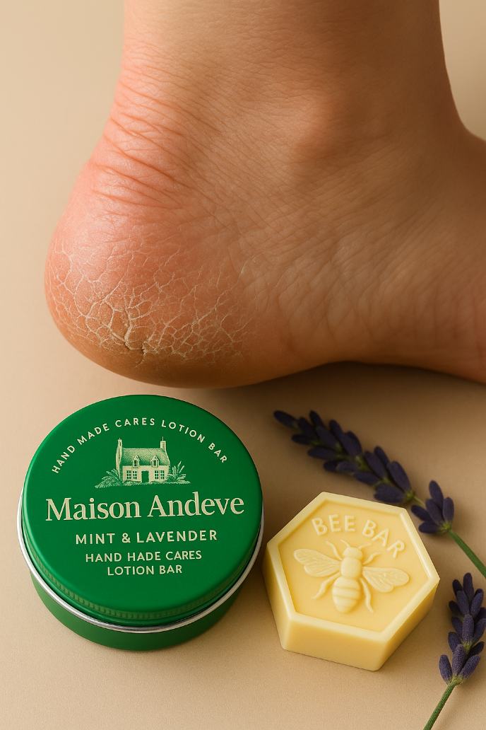 Maison Andeve mint & lavender lotion bar with a foot and lavender flowers on a beige background