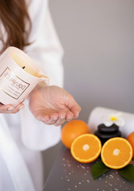 Vela de masaje - Naranja e incienso (180 g) | Aceite de argán orgánico para el cuidado de la piel