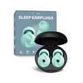 Sleep earplugs in a black case with packaging labeled 'Snooze Sleep Earplugs' on a white background.