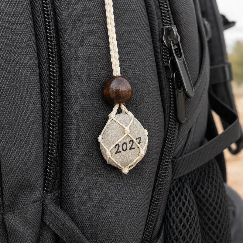 A close-up of a black backpack with a hanging charm made from a cream cord, a dark brown wooden bead, and a gray fabric octagonal pendant printed with the year 2027.