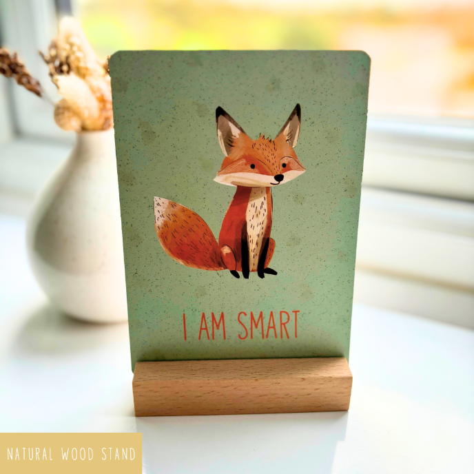 Card with a fox illustration and 'I AM SMART' text on a wooden stand.