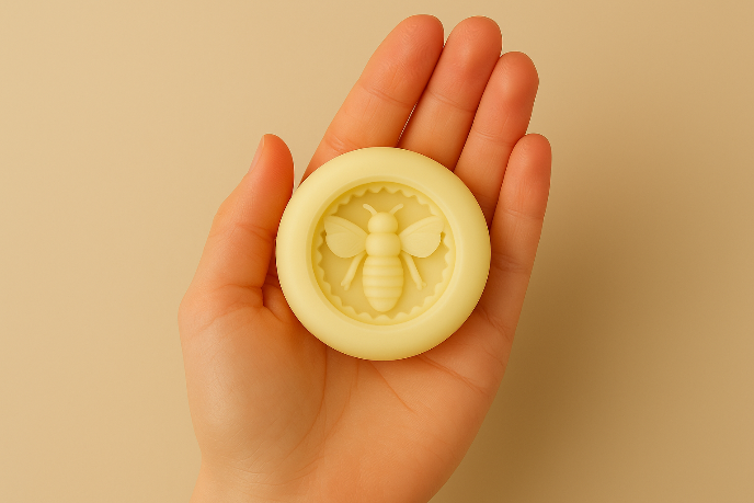Hand holding a yellow soap bar with a bee design against a beige background