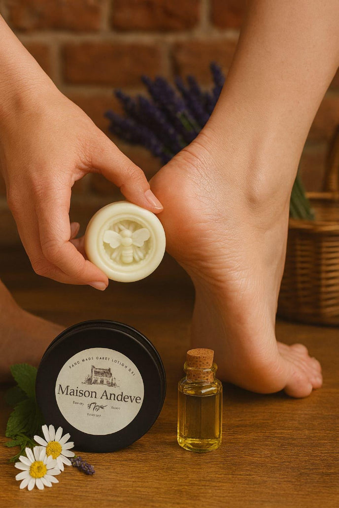 Person applying cream to their foot with a jar of Maison Andeve product and a bottle of oil on a wooden surface.