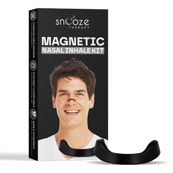 Snooze Therapy magnetic nasal inhale kit packaging with a man's face on a white background