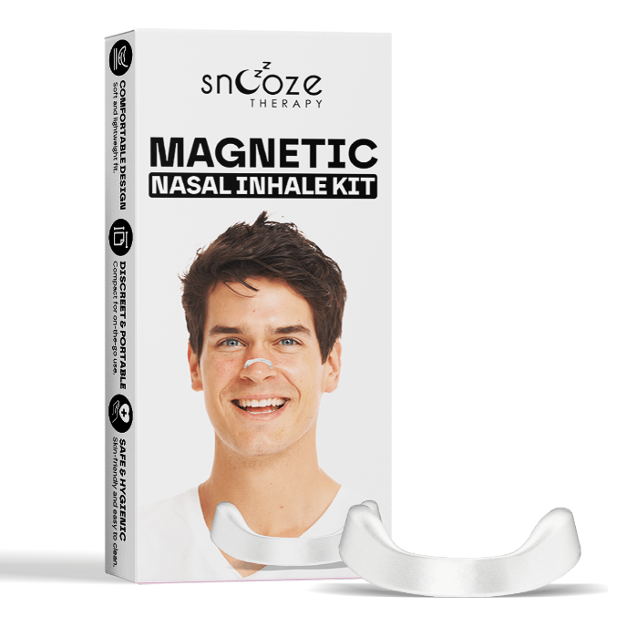 snooze Magnetic Nasal Inhaler Kit packaging with a man's face on a white background