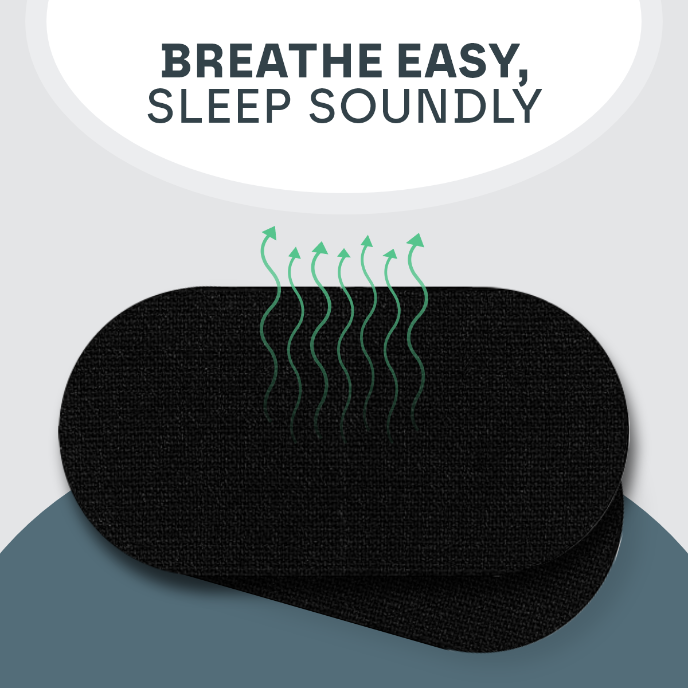 Black eye mask with text 'Breathe Easy, Sleep Soundly' on a white background