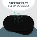 Black eye mask with text 'Breathe Easy, Sleep Soundly' on a white background