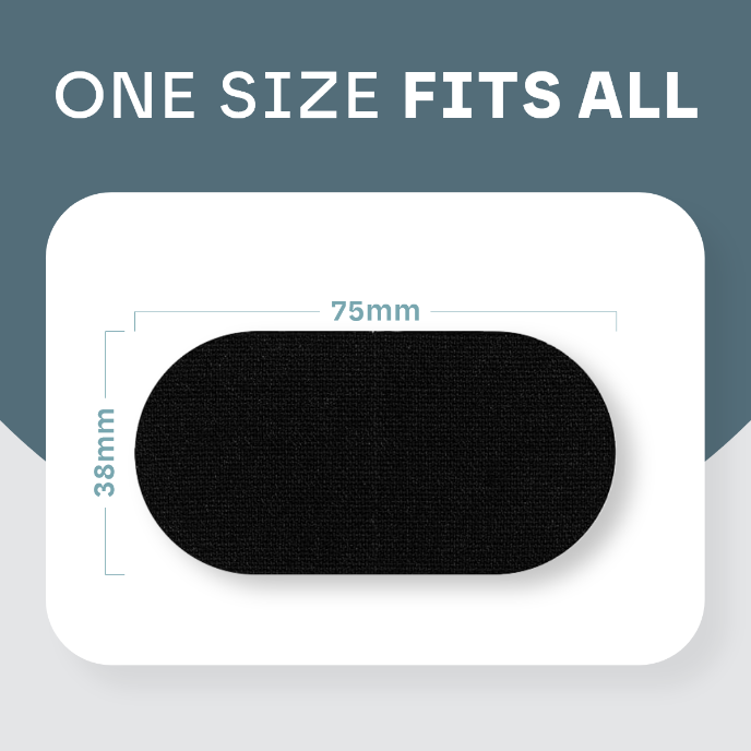 Black patch with measurements on a white background, text 'ONE SIZE FITS ALL' above.