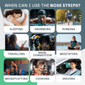 Grid of scenarios showing when to use nose strips, including sleeping, swimming, running, etc.
