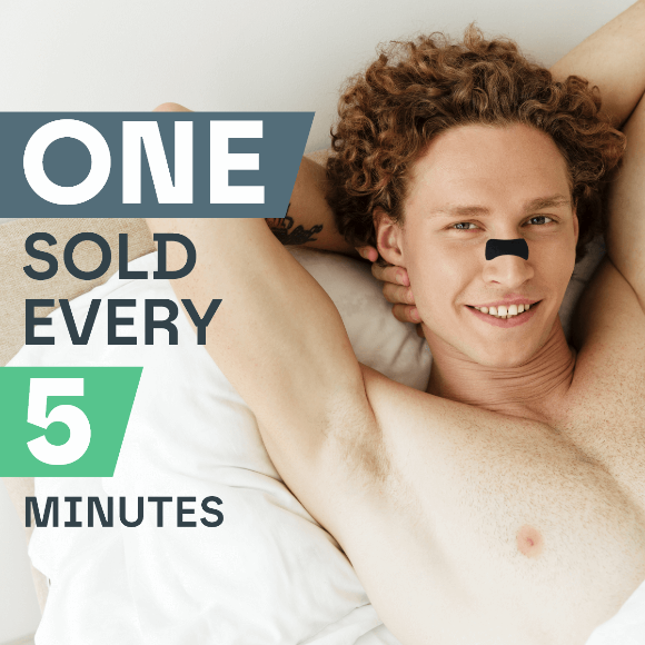 Man lying on a white pillow with a black nose strip, text 'ONE SOLD EVERY 5 MINUTES' displayed.