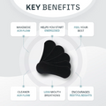 Black pillow with key benefits listed around it on a white background