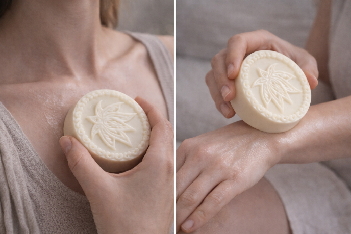Close-up of a person holding a round bar of soap with a design on it, against a neutral background.