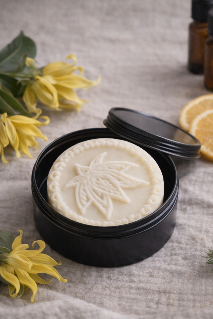 White soap bar with cannabis leaf design in a black container on a gray surface with yellow flowers and bottles.