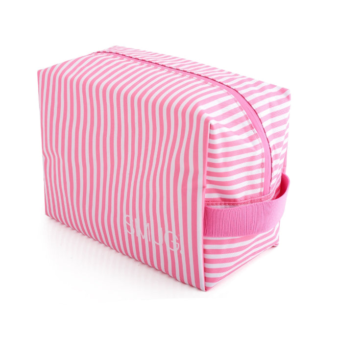 Pink and white striped toiletry bag with 'Sally' branding on a white background