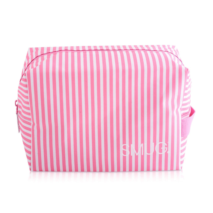 Pink and white striped bag with 'SMUG' branding on a white background