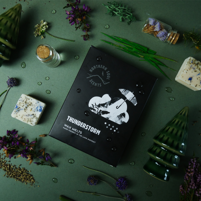 Wax melts packaging with decorative elements on a green surface