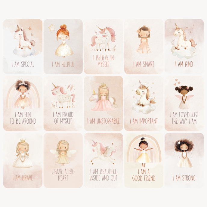 Set of 16 affirmation cards with illustrations of a girl and unicorn, each card featuring a different affirmation.