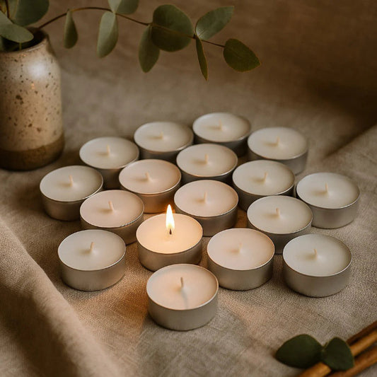 Tea light candles on a textured surface with a plant in the background